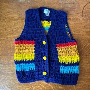 Vintage Crocheted Color Block Vest Red Yellow Blue Orange Striped Open Knit Top